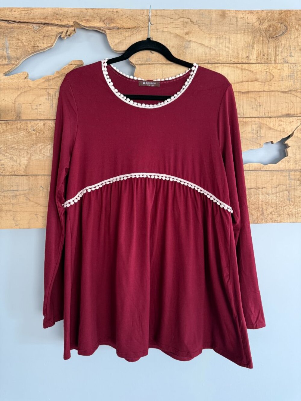 BOMBOM Burgundy Long Sleeve Embroidered Babydoll Top – Like New, Size L